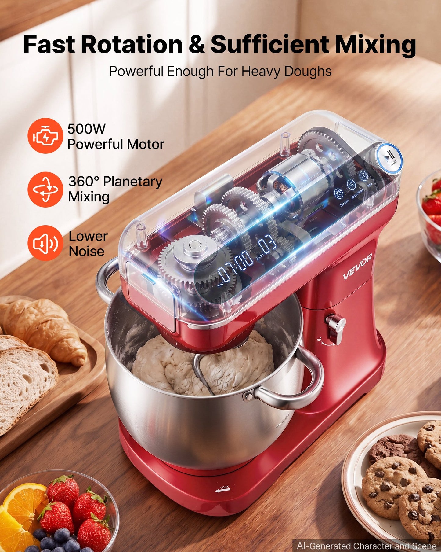 7.4 Qt Tilt Head Stand Mixer 500W with Stainless Steel Bowl and Accessories