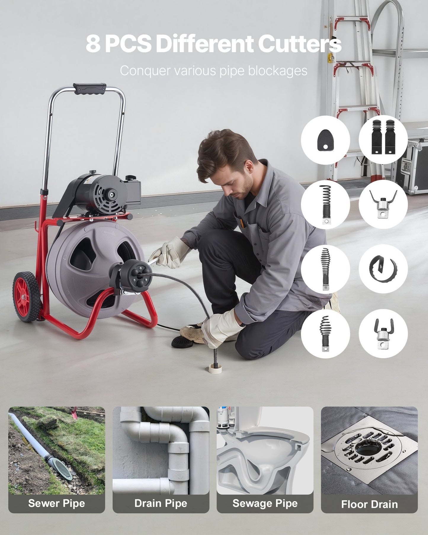 Drain Cleaner Machine 75FT Auto Feed Sewer Snake with 8 Cutters & Foot Switch