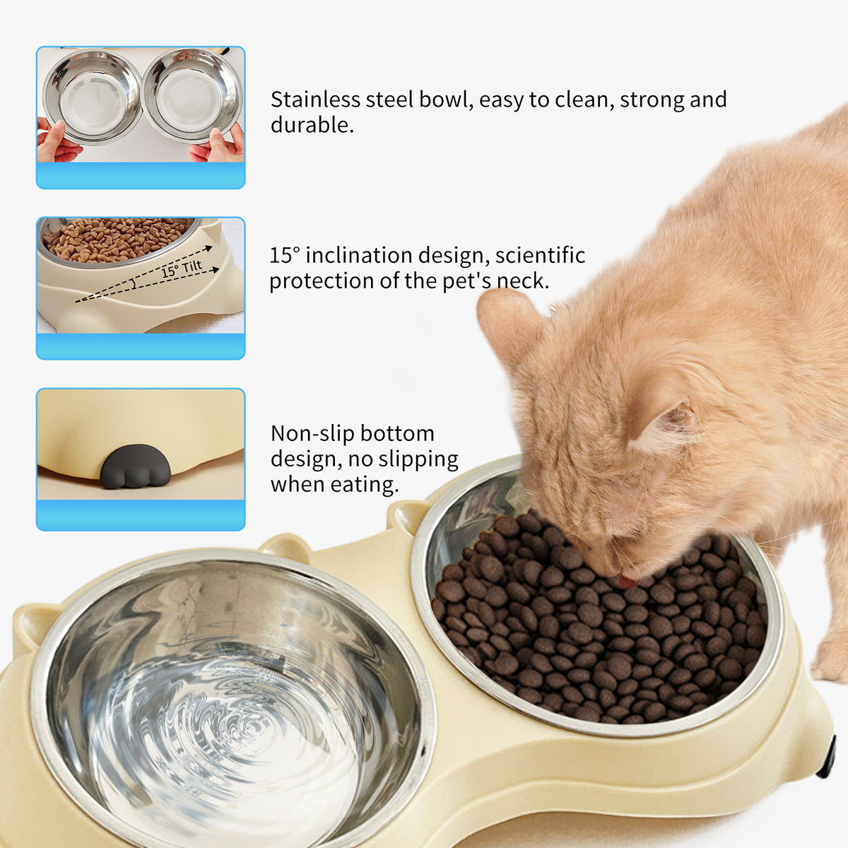 Double Stainless Steel Pet Bowl Set - Non-Slip, Easy to Clean for Cats & Dogs