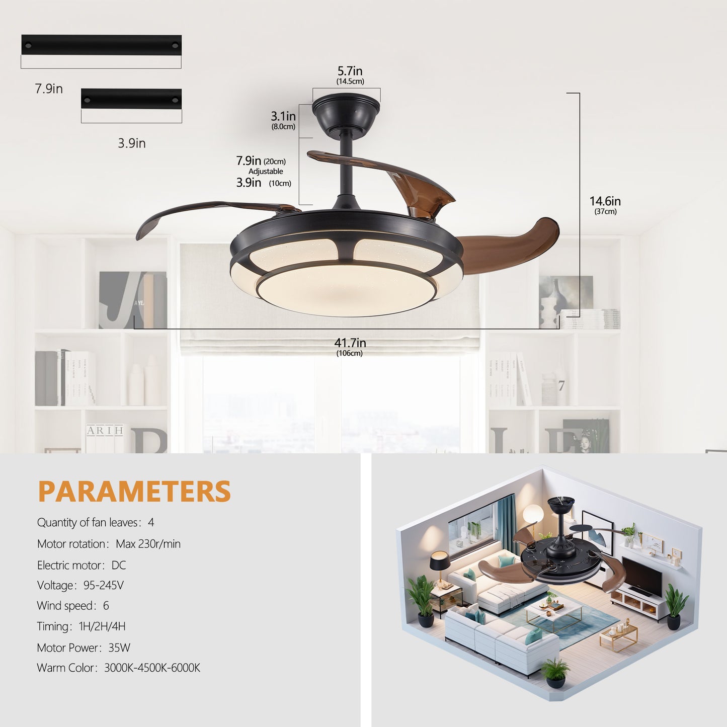 Retractable Ceiling Fan with Light - Modern LED Chandelier Fan