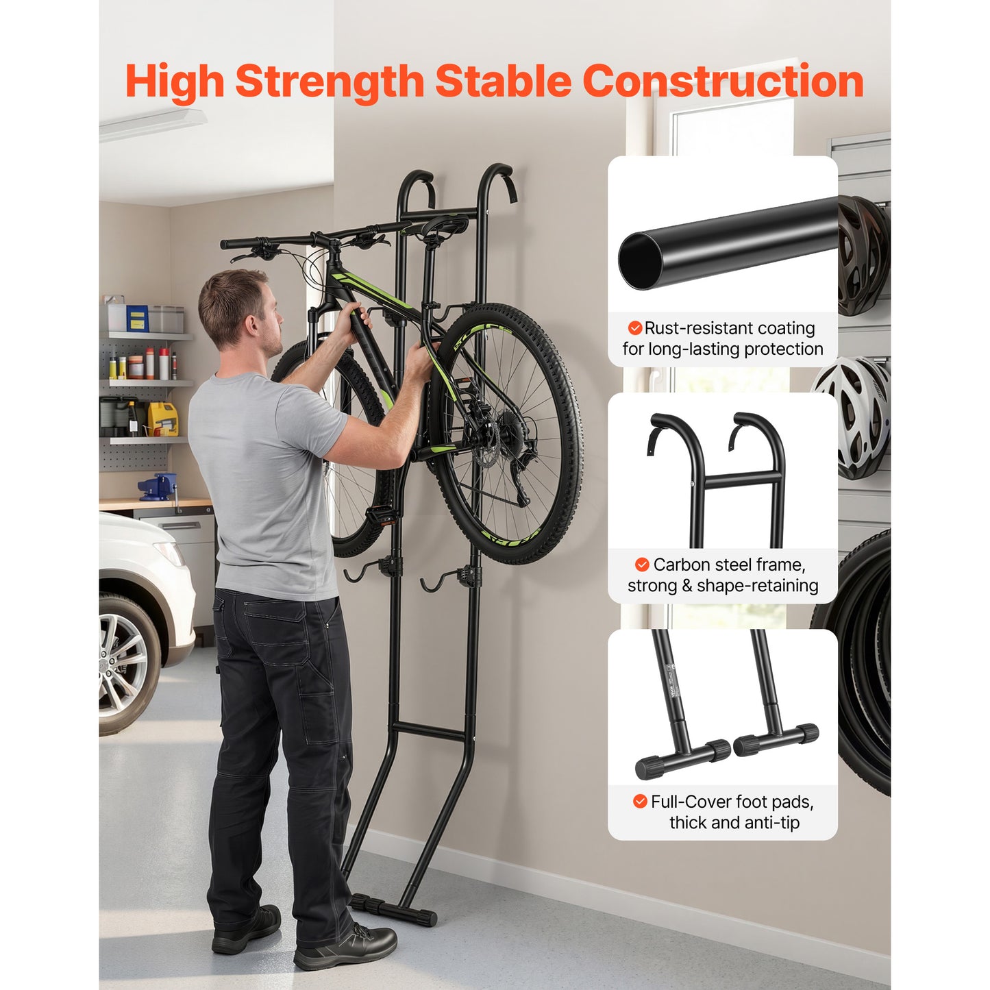 Heavy-Duty Bike Stand for 2 Bikes - Freestanding Vertical Bicycle Storage Rack with Adjustable Hooks, Carbon Steel, Black
