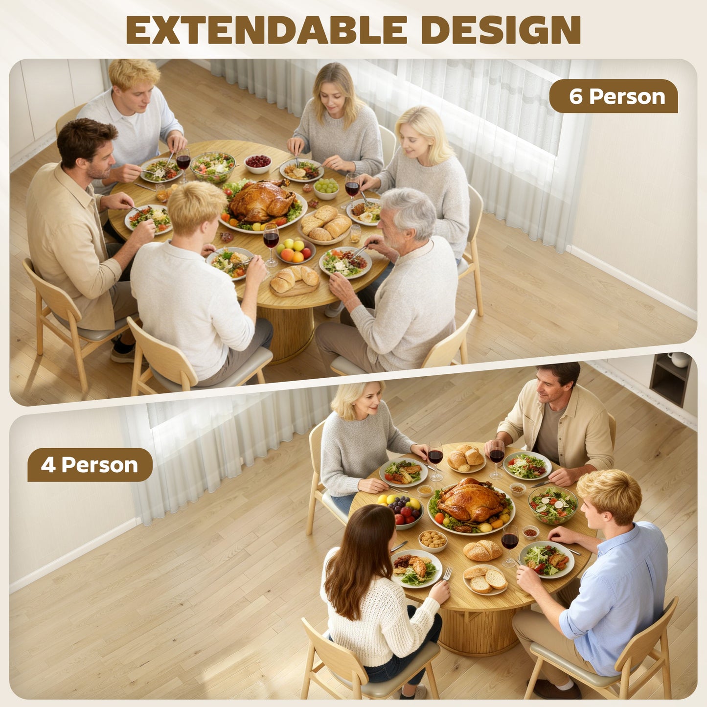 Extendable Dining Table for 6, 60" Farmhouse Kitchen with 2-Tier
