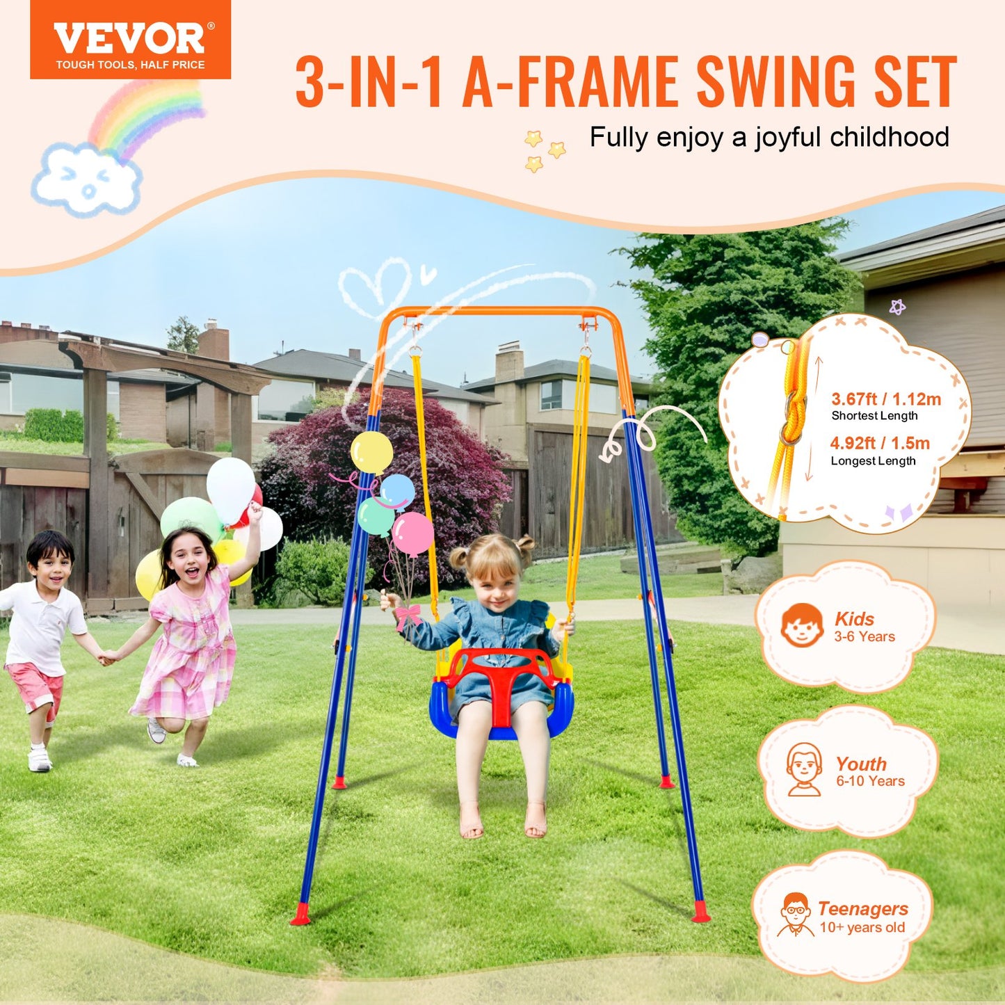 3-in-1 Backyard Swing Set for Kids and Teens - Foldable & Sturdy with Sandbags