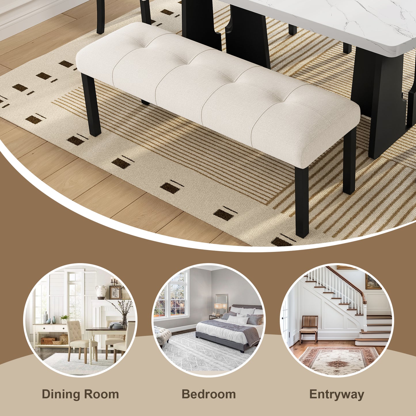 Modern Tufted Linen Dining Bench, Farmhouse Upholstered Entryway