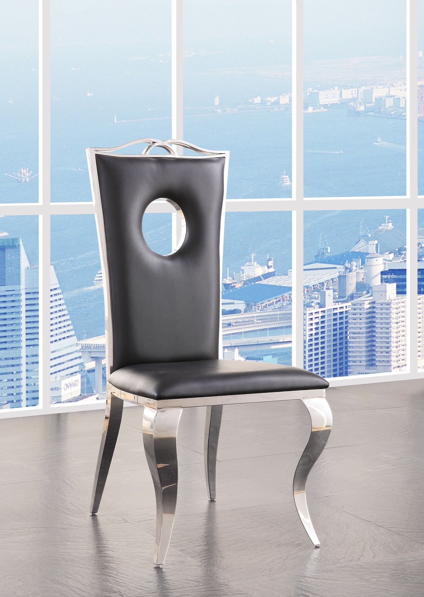Black Synthetic Leather & Stainless Steel Side Chair Set of 2