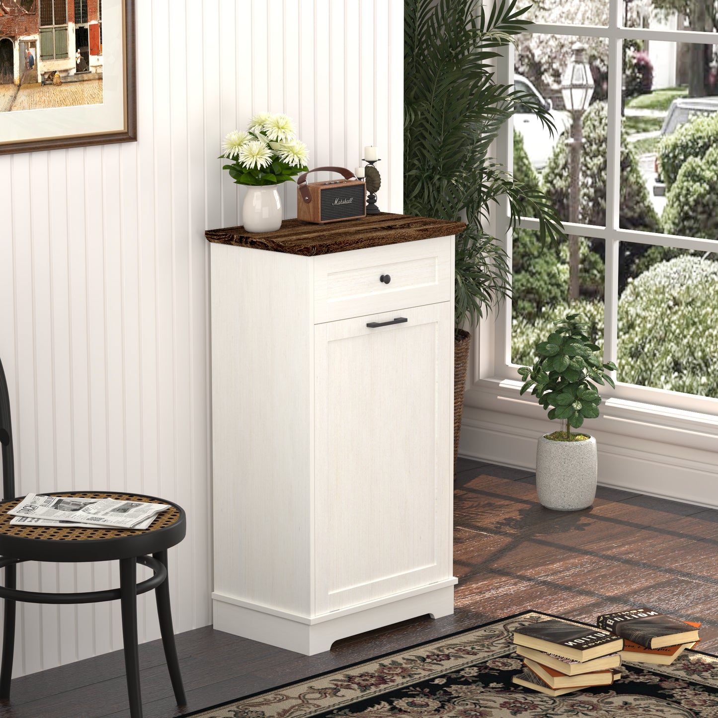 Tilt-Out Trash Cabinet - Freestanding Wood Recycling Bin with Drawer, Antique Brown & White