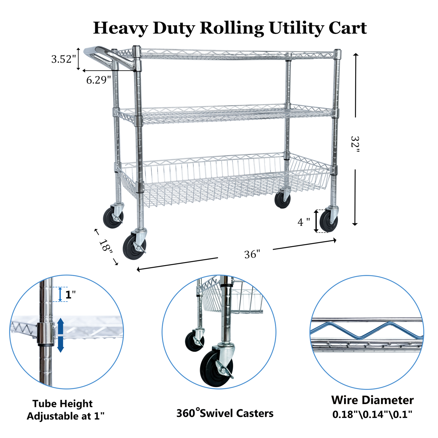 Heavy Duty 3-Tier Rolling Utility Cart with Handle and Shelves - Chrome
