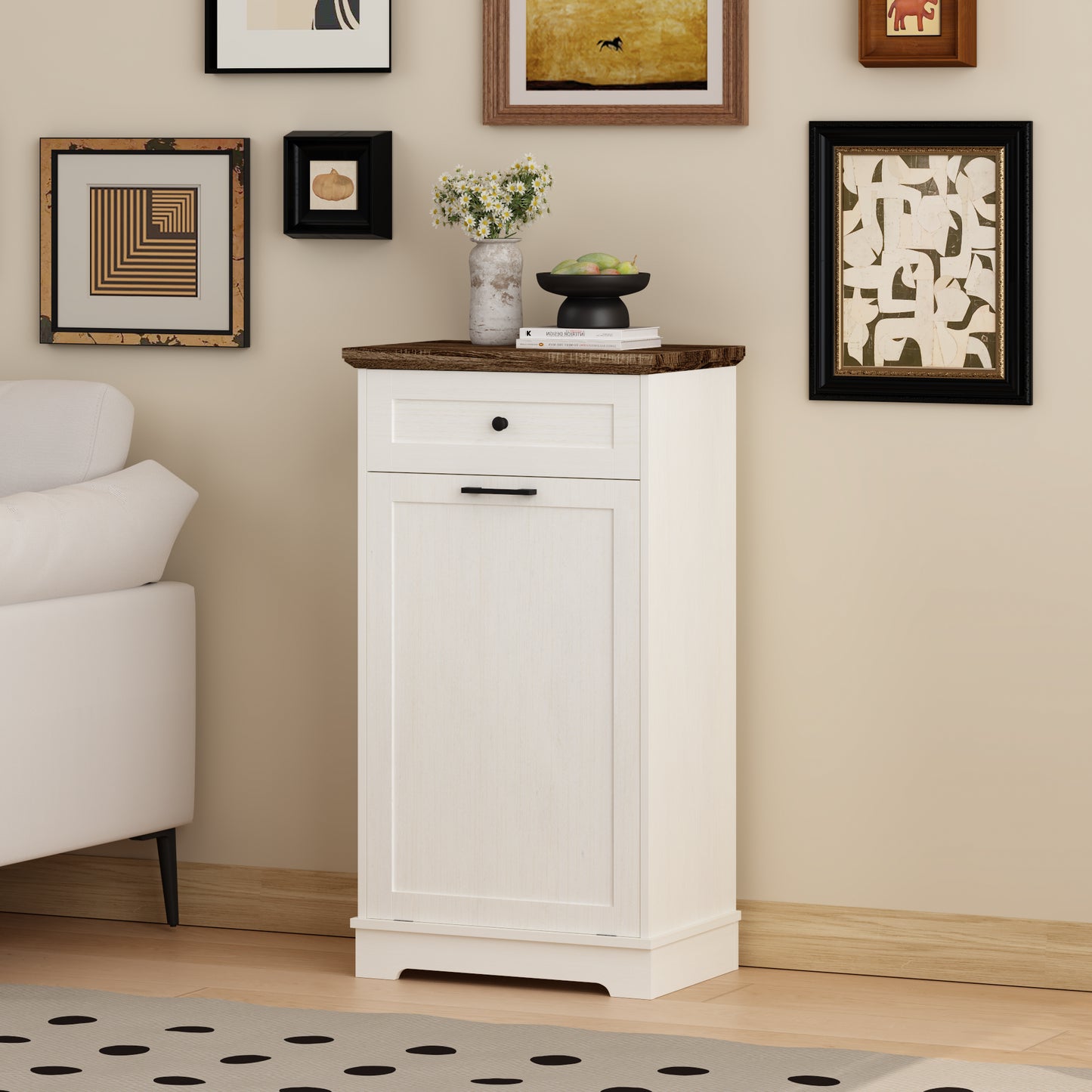 Tilt-Out Trash Cabinet - Freestanding Wood Recycling Bin with Drawer, Antique Brown & White