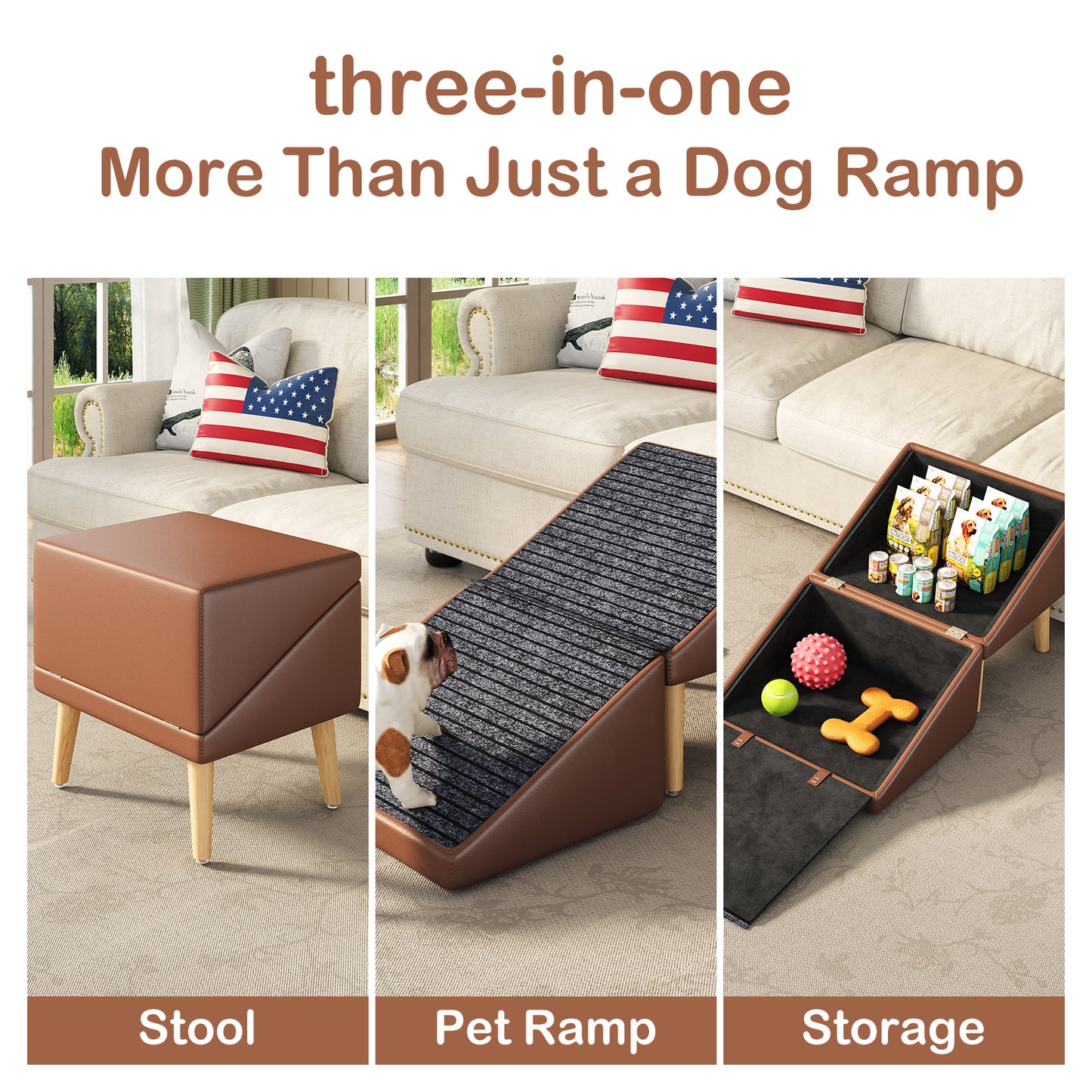 3-in-1 Pet Ramp with Storage and Footstool - Non-Slip, Supports 265 lbs, Brown