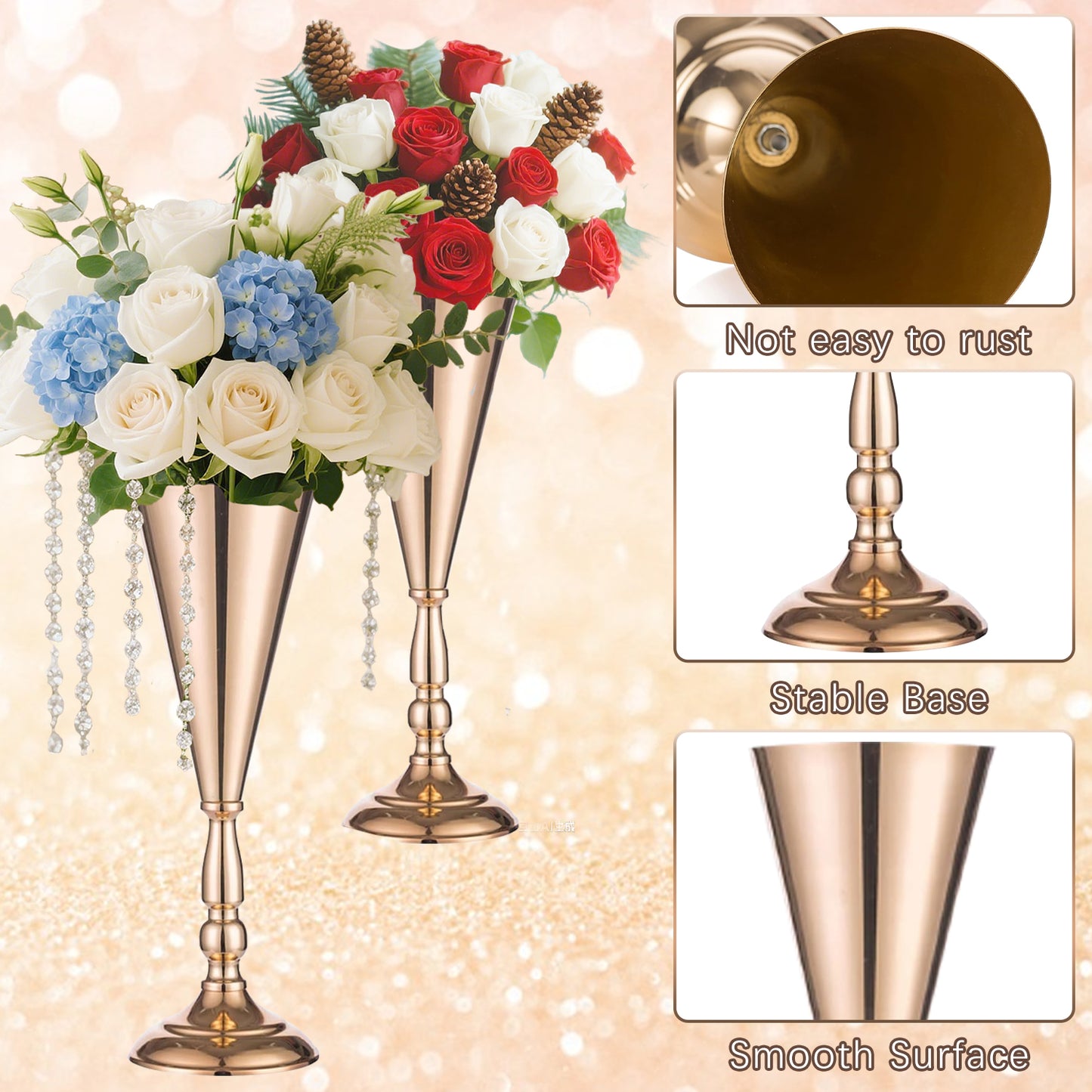 10 Pcs Gold Metal Flower Trumpet Vases for Weddings