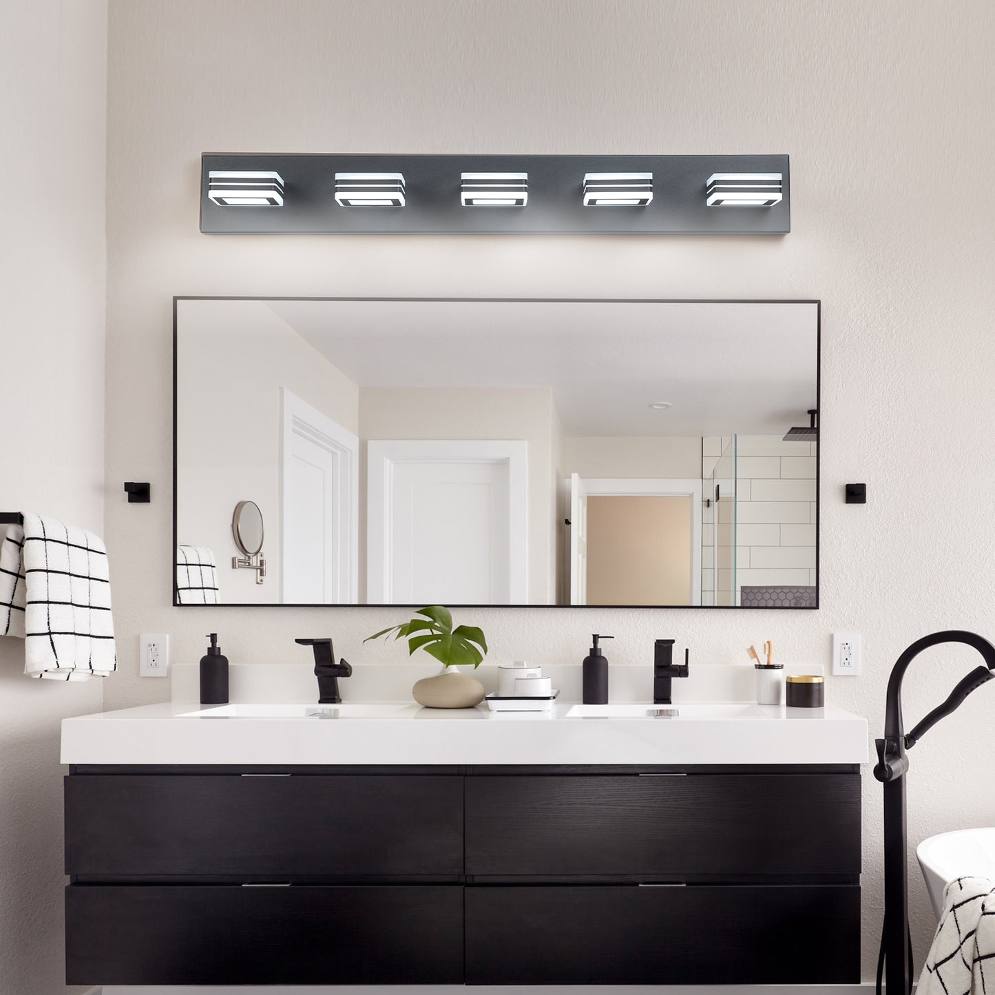 32-Inch Modern Black LED Vanity Light with Square Acrylic Shades
