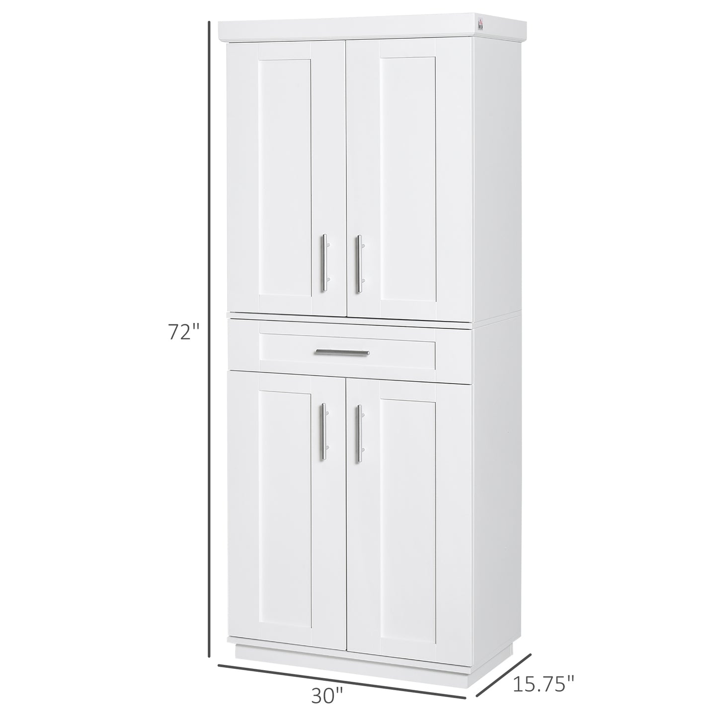 White Kitchen Pantry Cabinet with Adjustable Shelves & Drawer