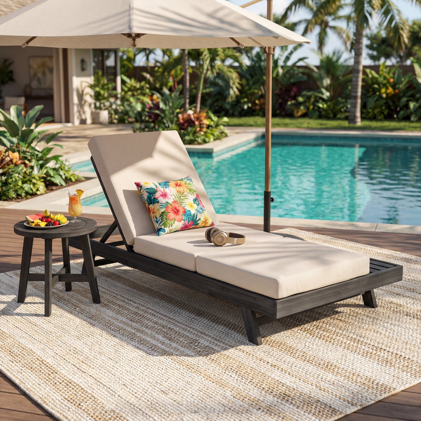 Acacia Wood Lounge Chaise Set with Cream Cushion - Adjustable