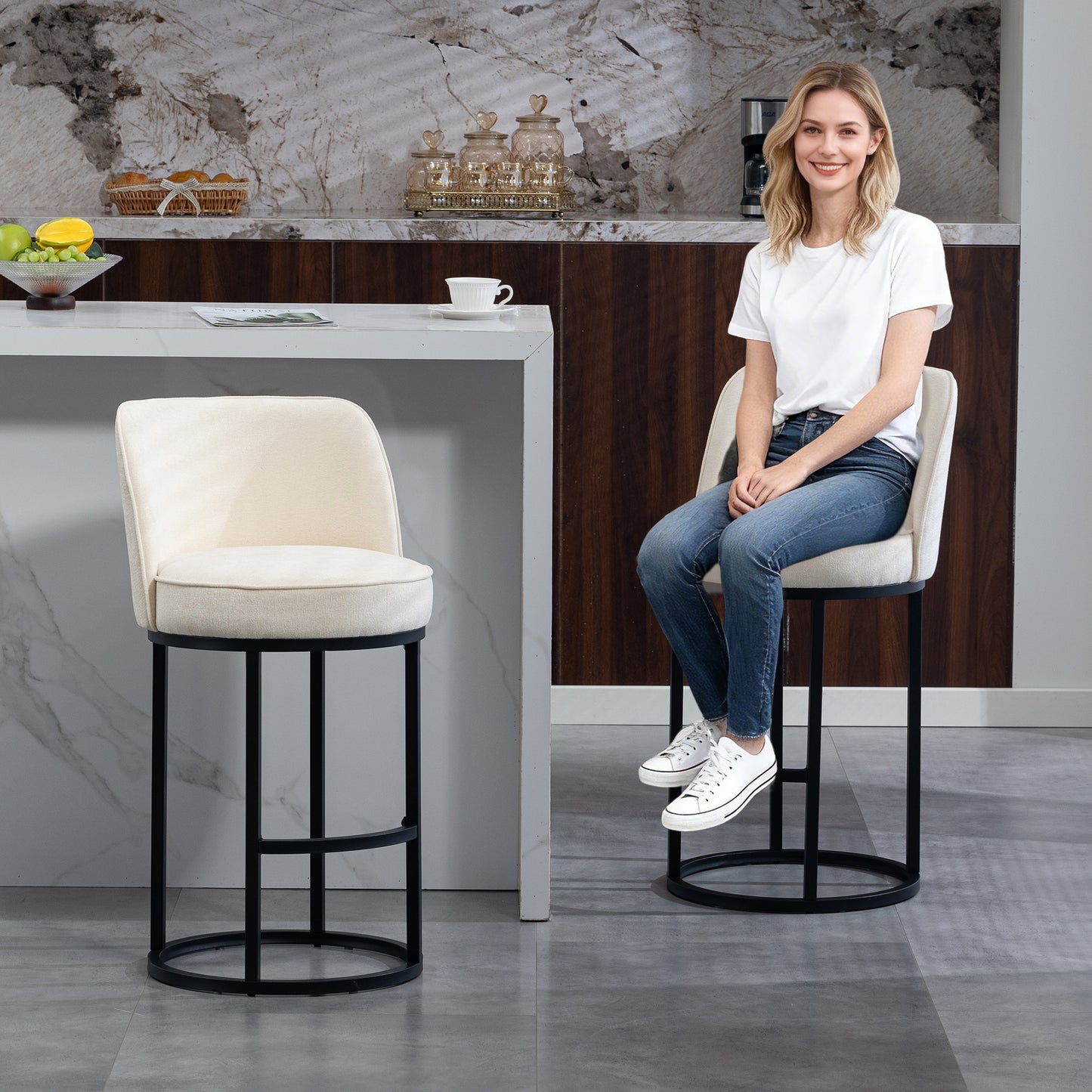 Counter Height Bar Stools Set of 2 - Modern Beige Upholstered