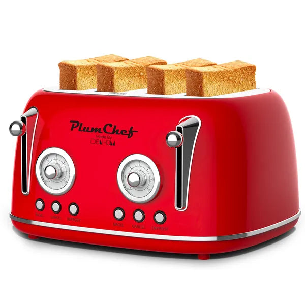 4 Slice Retro Toaster with Warming Rack - 6 Browning Settings, Red Kitchen Appliance