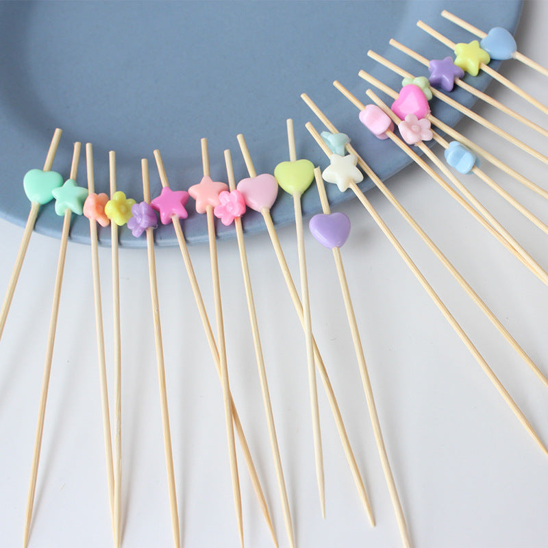 Set of 100 Bamboo Fruit Toothpicks with Colorful Star and Flower Designs, 12cm