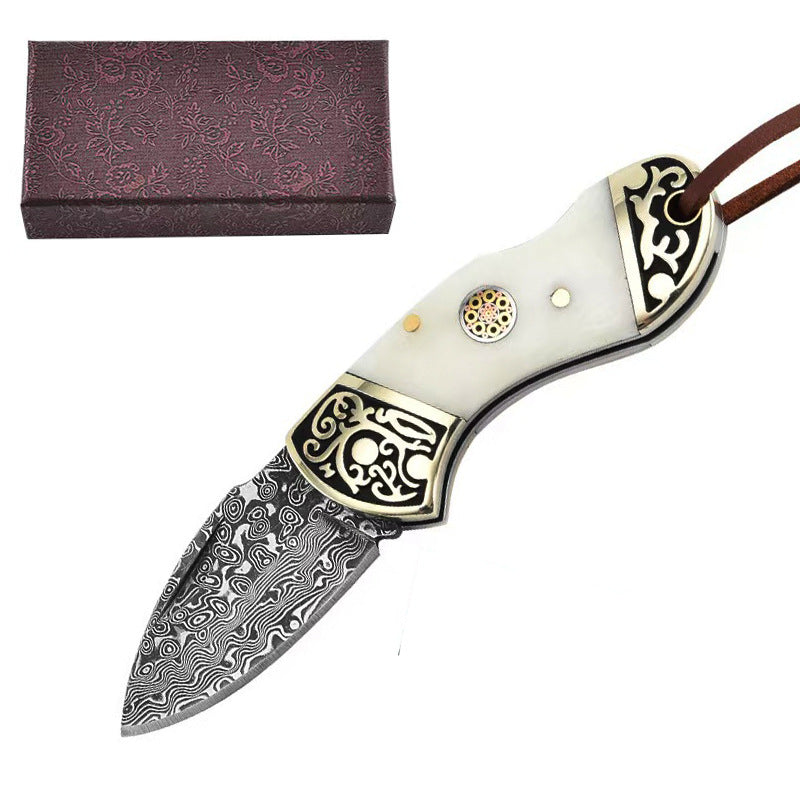 Mini Folding Knife with Damascus Steel Blade and Ox Bone Handle