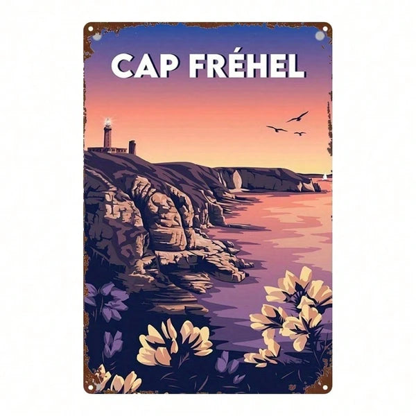 Vintage French Landscape Metal Sign - Cap Frehel Lighthouse