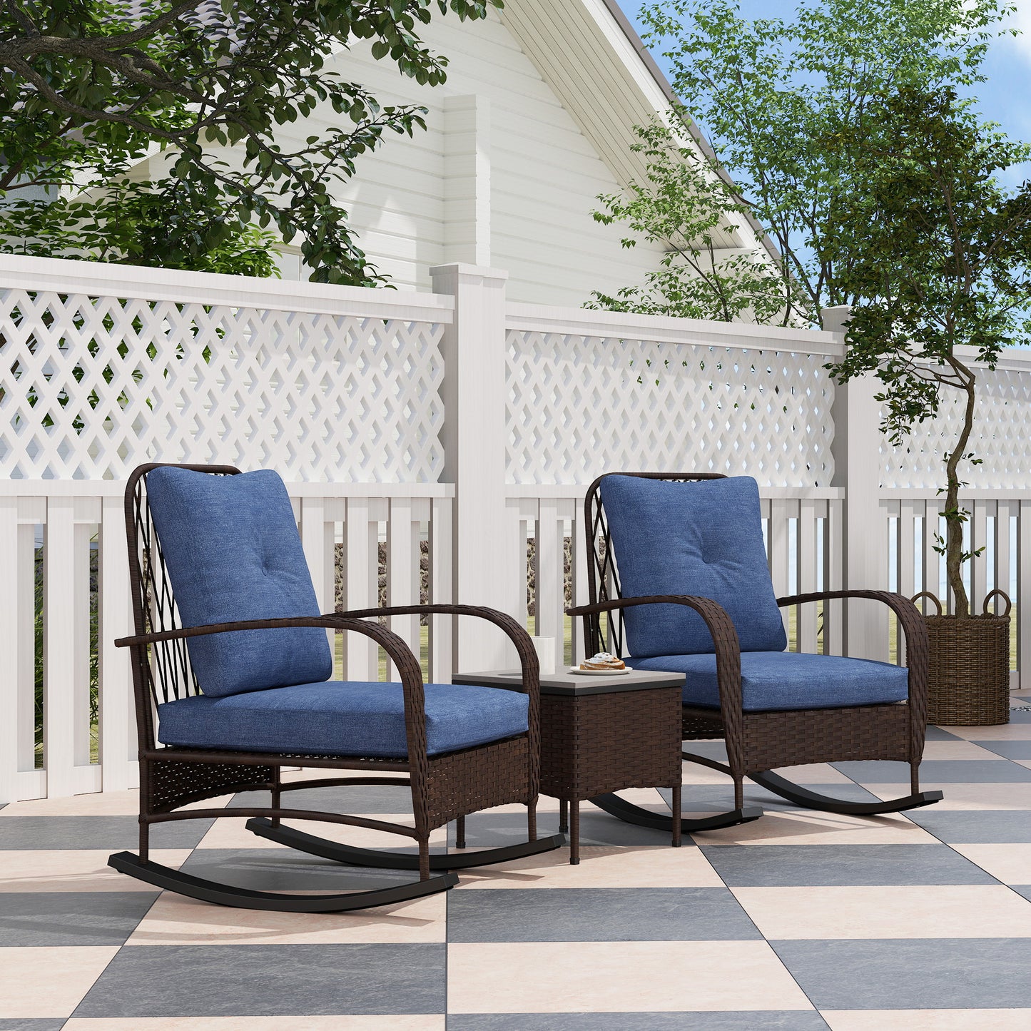 3-Piece Wicker Patio Furniture Set - Brown Rocking Chairs with Table