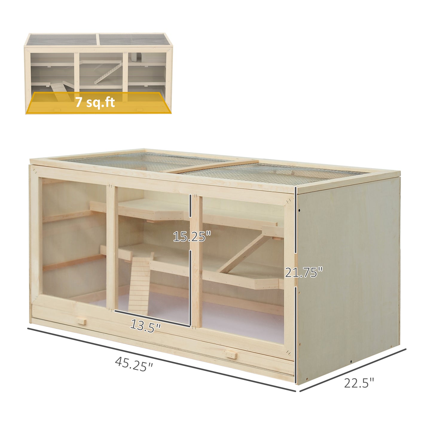 45-Inch Large Wooden Hamster Cage with Multi-Level Design & PVC Windows