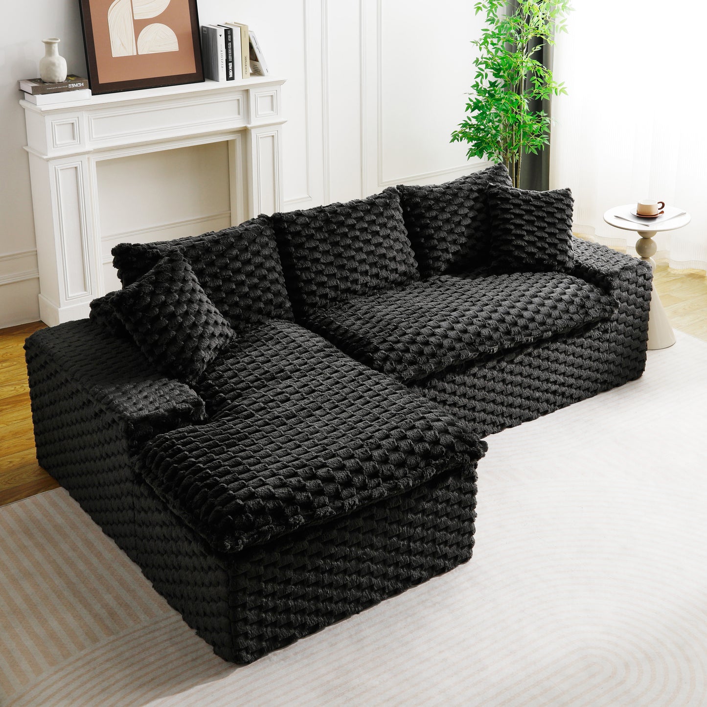 Convertible Twin-Seat Velvet Sofa with Left Chaise Lounge - Black