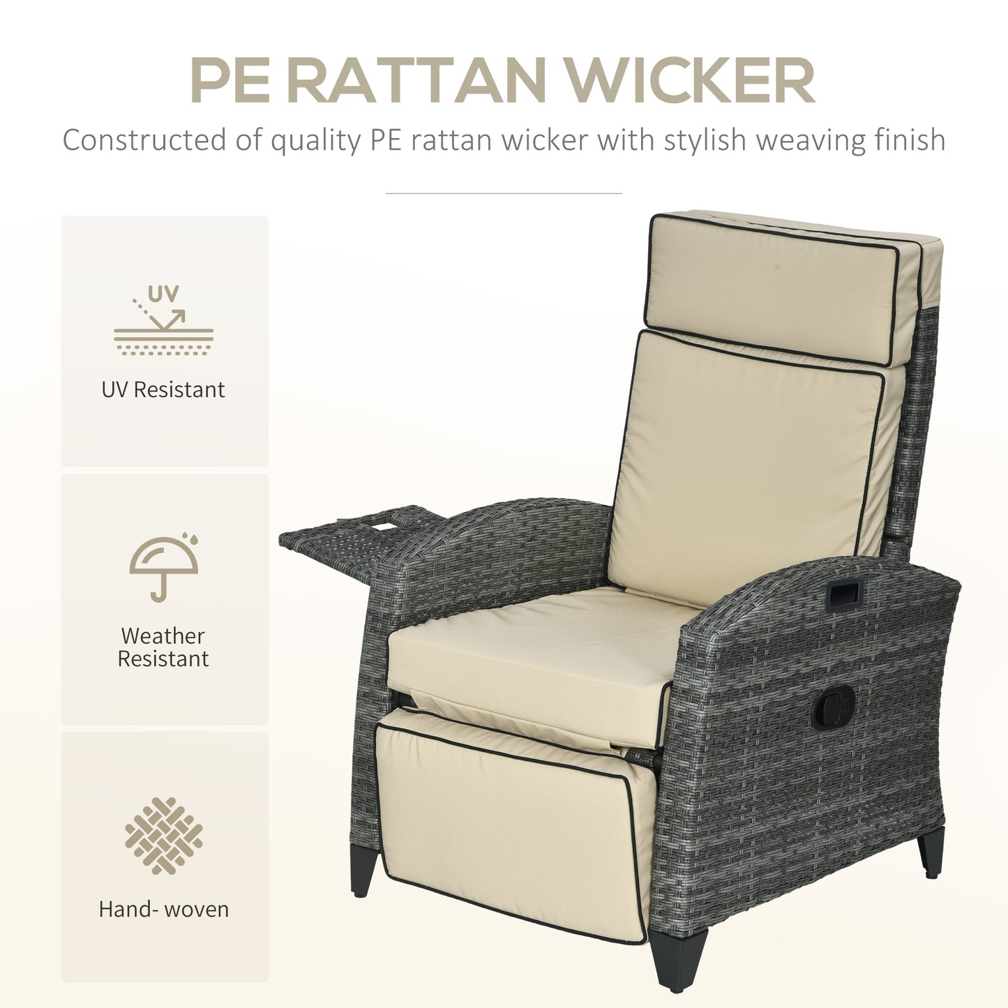 Outdoor Recliner Chair with Cushions and Tray Table - Khaki