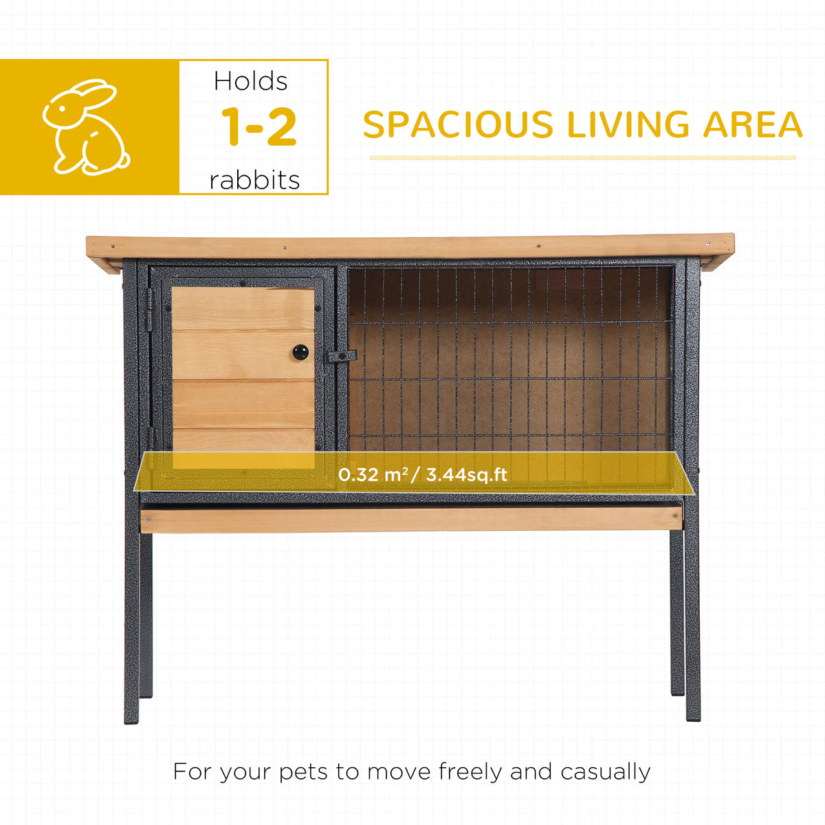 Elevated Wooden Rabbit Hutch with Metal Frame & Weatherproof Roof for Small Animals