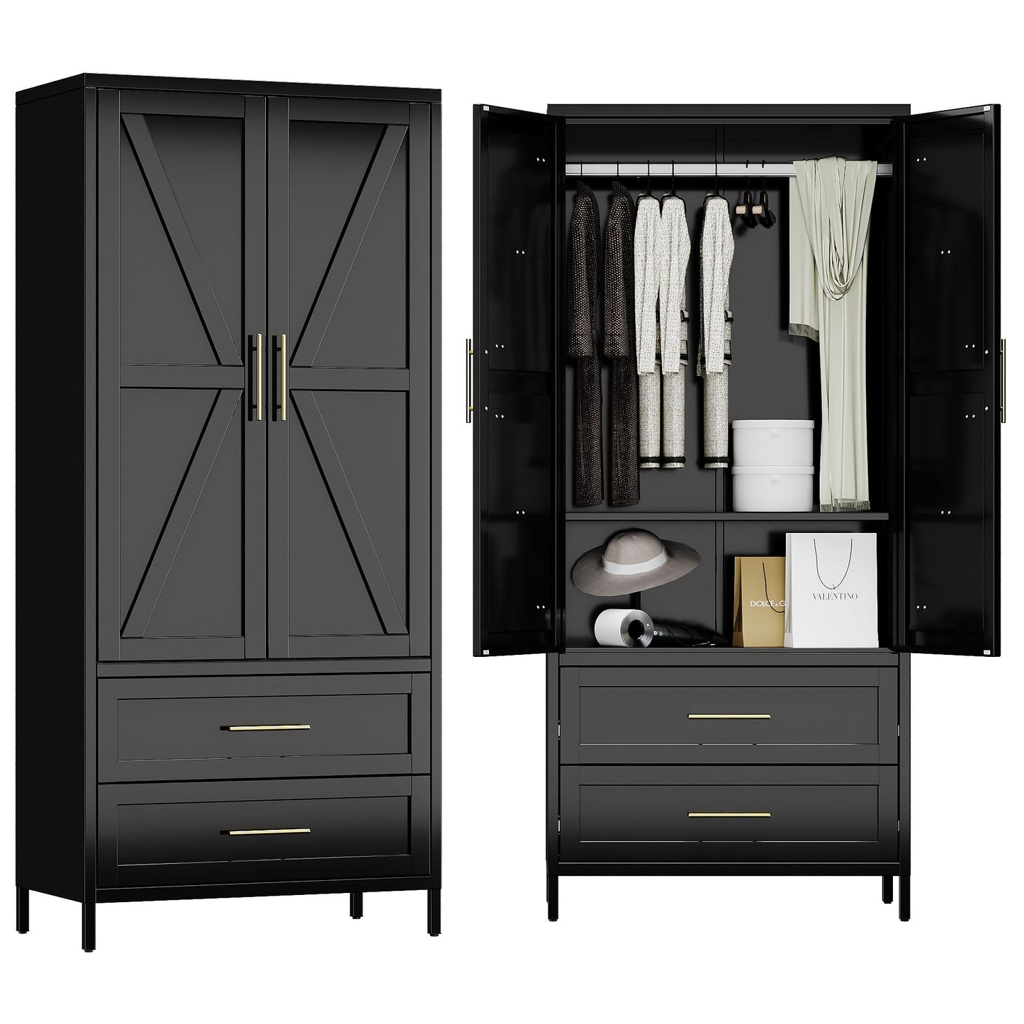 Metal Wardrobe Closet with Doors and 2 Drawers - Black
