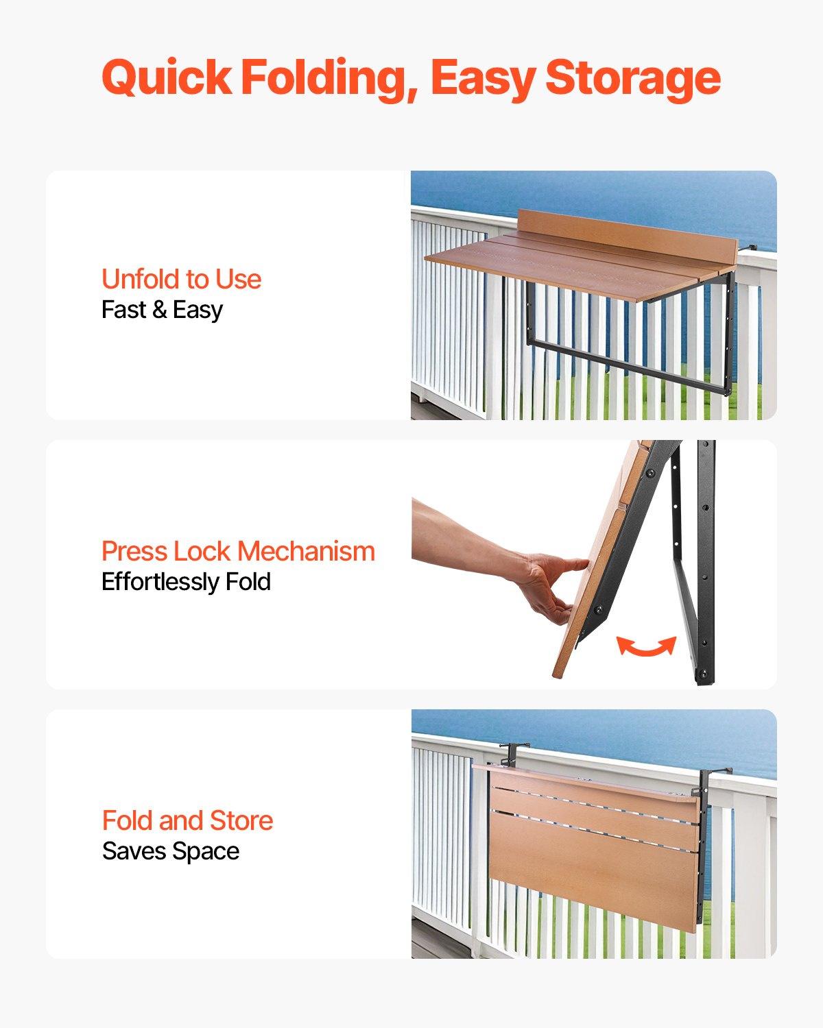 Outdoor Balcony Hanging Table 15x39 Inch Rust-Resistant Foldable Patio Railing Bar Table - Multicolor