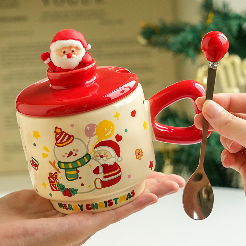 Christmas Ceramic Mug with Lid - Cartoon Holiday Drinkware, 301-400ml