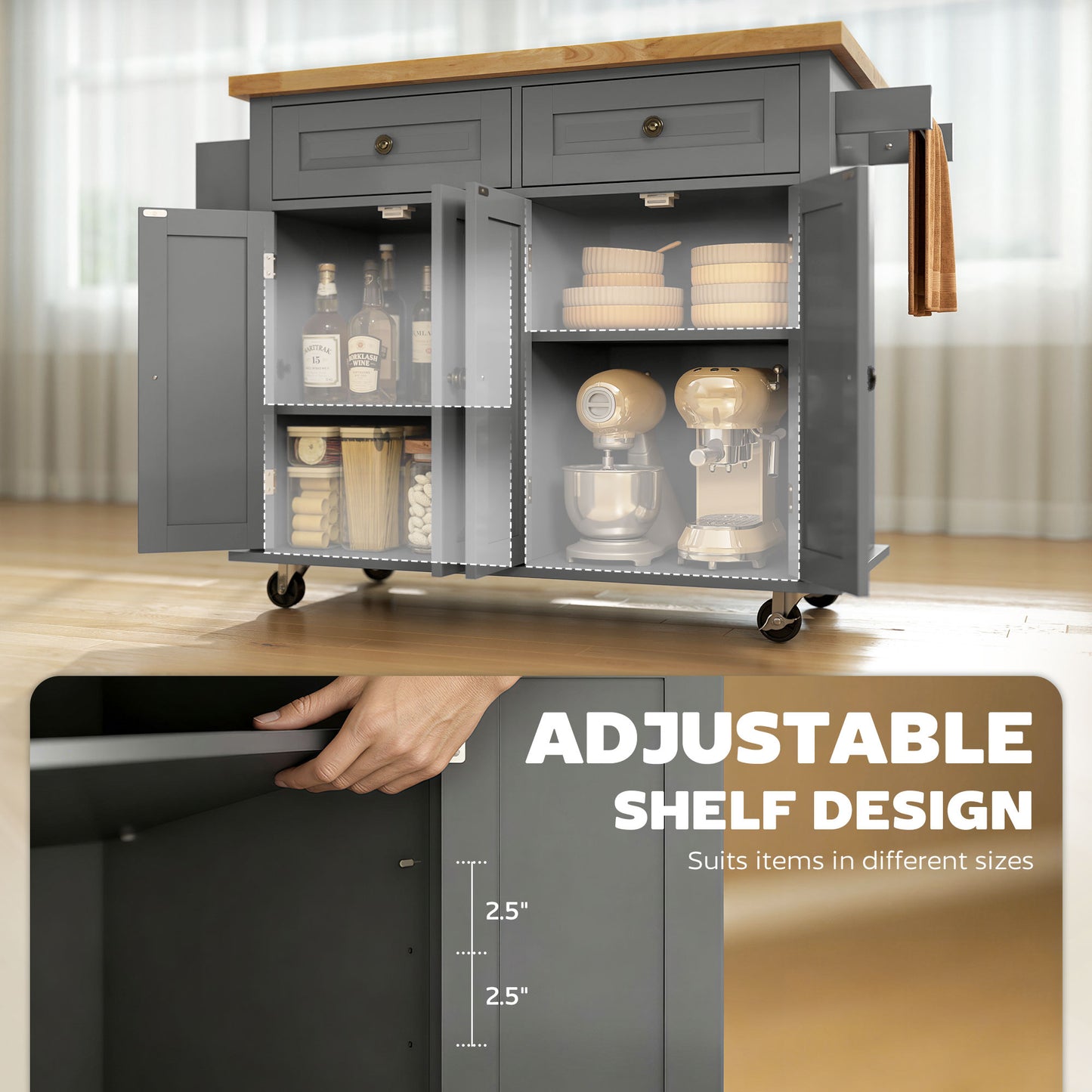 Rolling Kitchen Island Cart with Drawers & Spice Rack - Gray