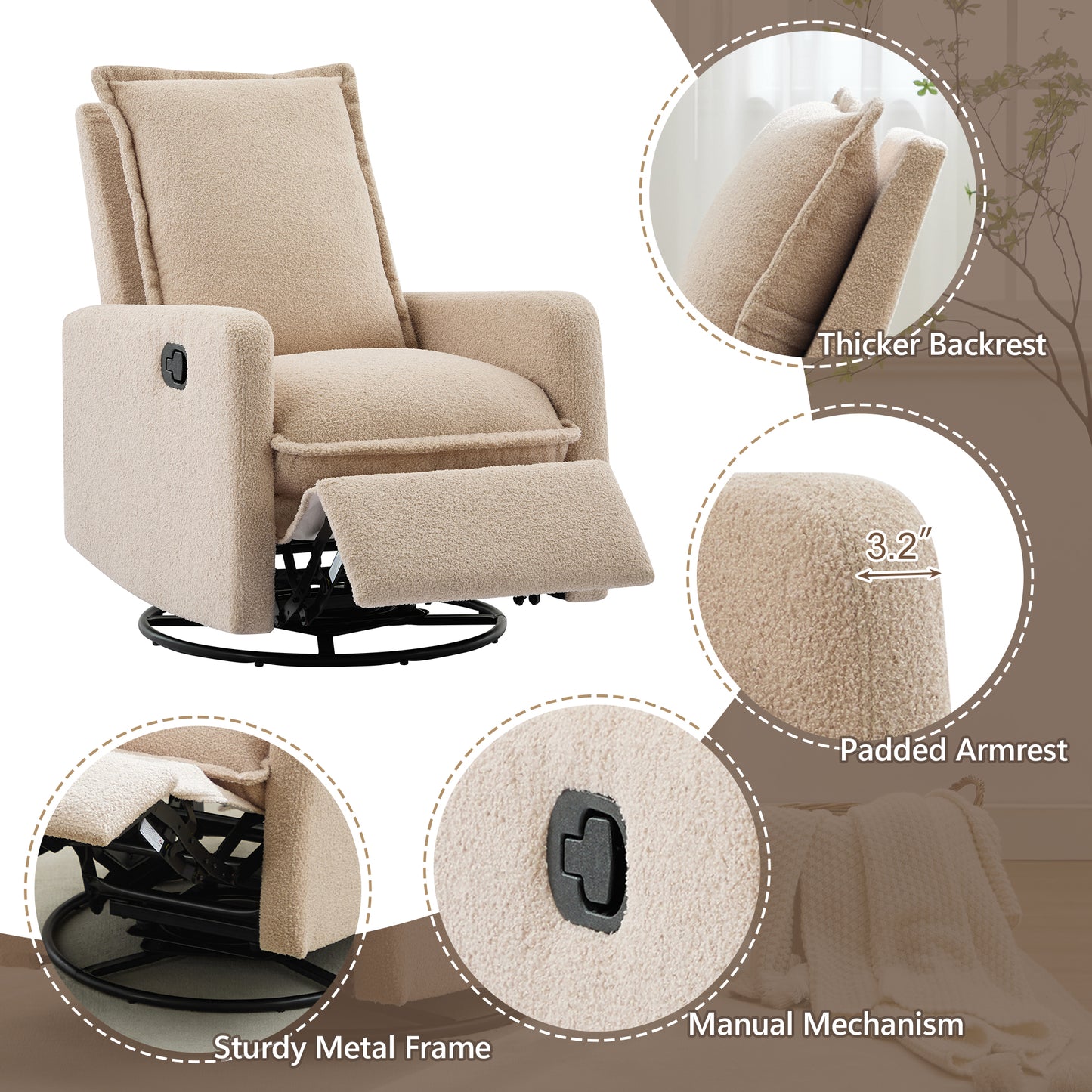 Swivel Rocker Recliner Chair - Teddy Fleece Oatmeal