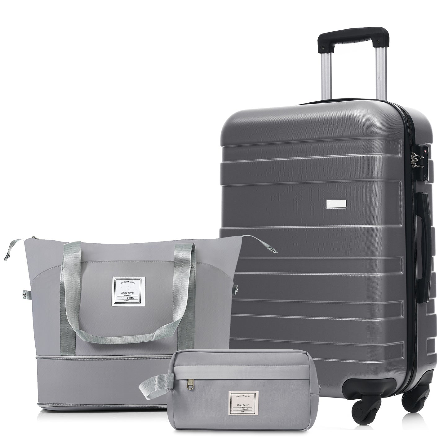 3-Piece Grey Luggage Set - 24in Suitcase, Duffel & Toiletry Bag