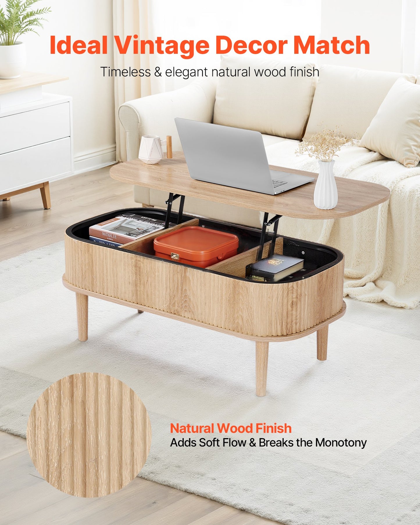 Lift Top Coffee Table with Hidden Storage - Mid Century Wooden Oval Design