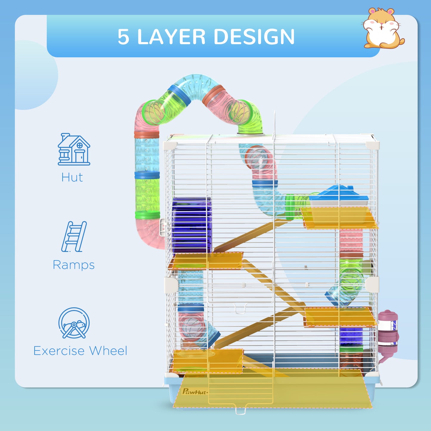 Portable Hamster Cage with 5 Tiers, Exercise Wheel & Tubes - Light Blue