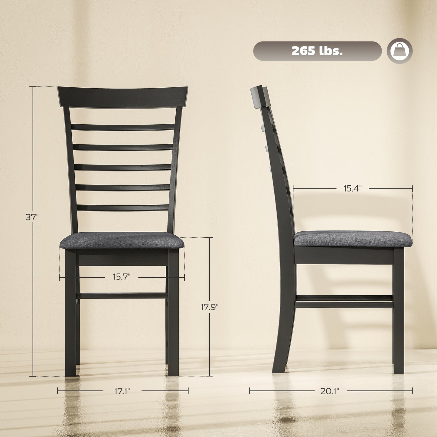 Set of 4 Farmhouse Dining Chairs - Upholstered Rubber Wood Frame in Black & Gray