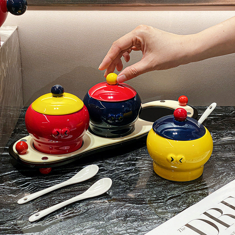 Ceramic Seasoning Jar Set with Lid and Spoon - Kitchen Storage Organizer