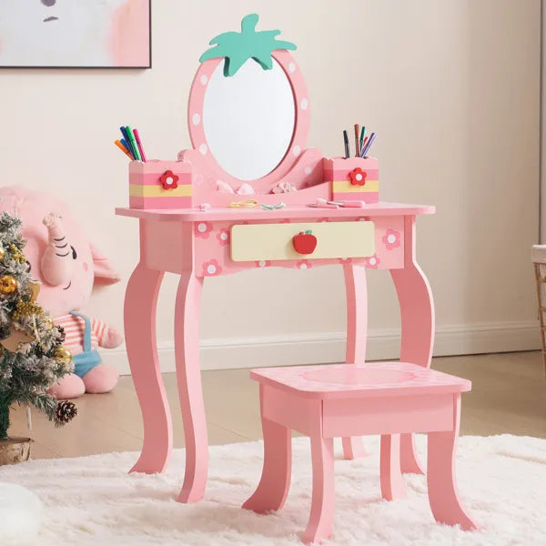 Children's Dressing Table Set - Pink MDF Storage Box with Apple Print