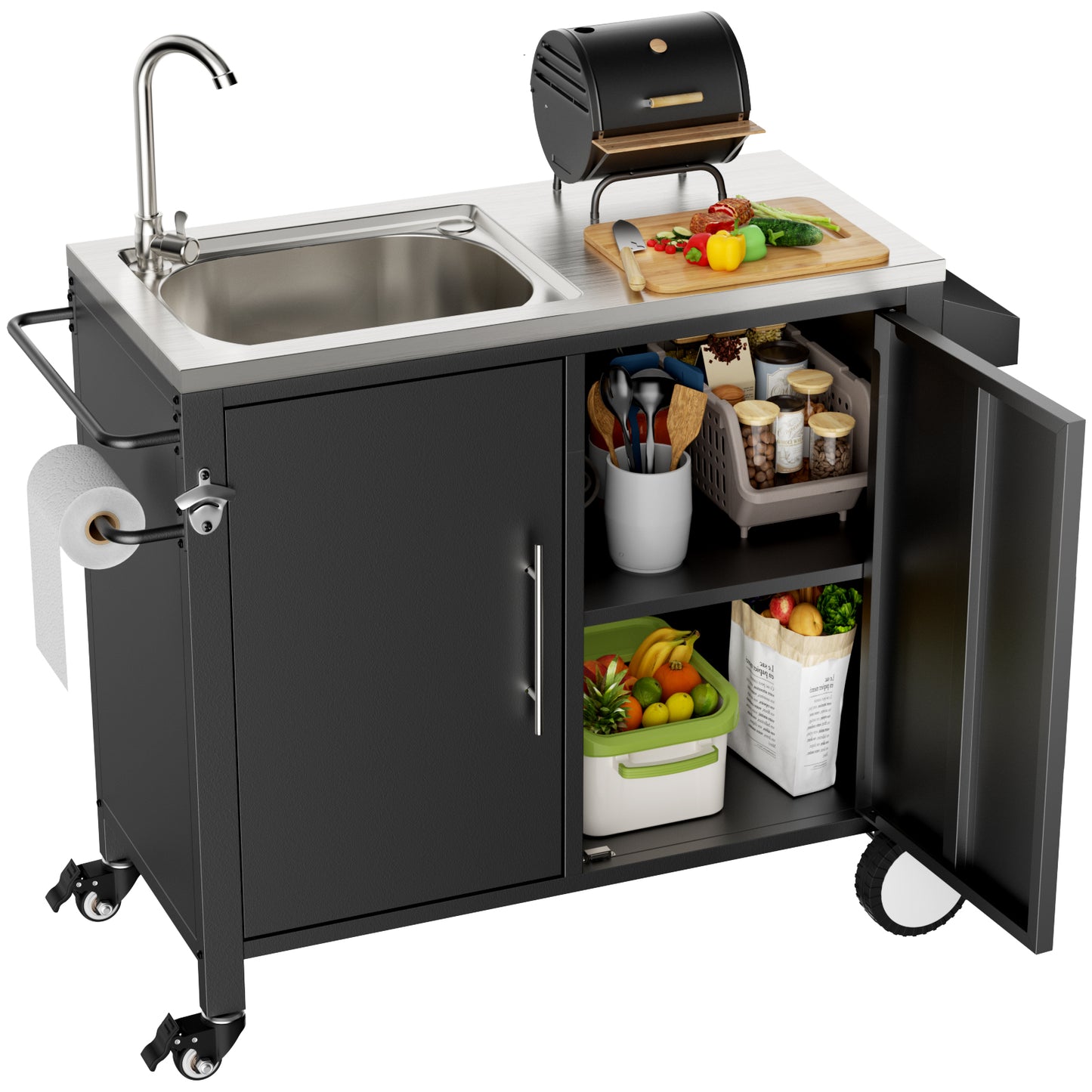 Outdoor Grill Cart with Sink - Stainless Steel Kitchen Station on Wheels