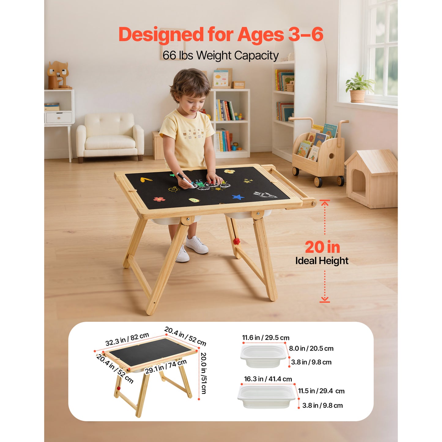 Wooden Sensory Table & Art Easel for Toddlers with Reversible Board & Storage Bins