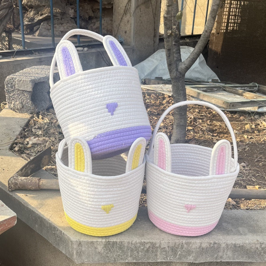 Easter Egg Handwoven Cotton Basket with Cartoon Rabbit Design – Multi-Color Storage Bag