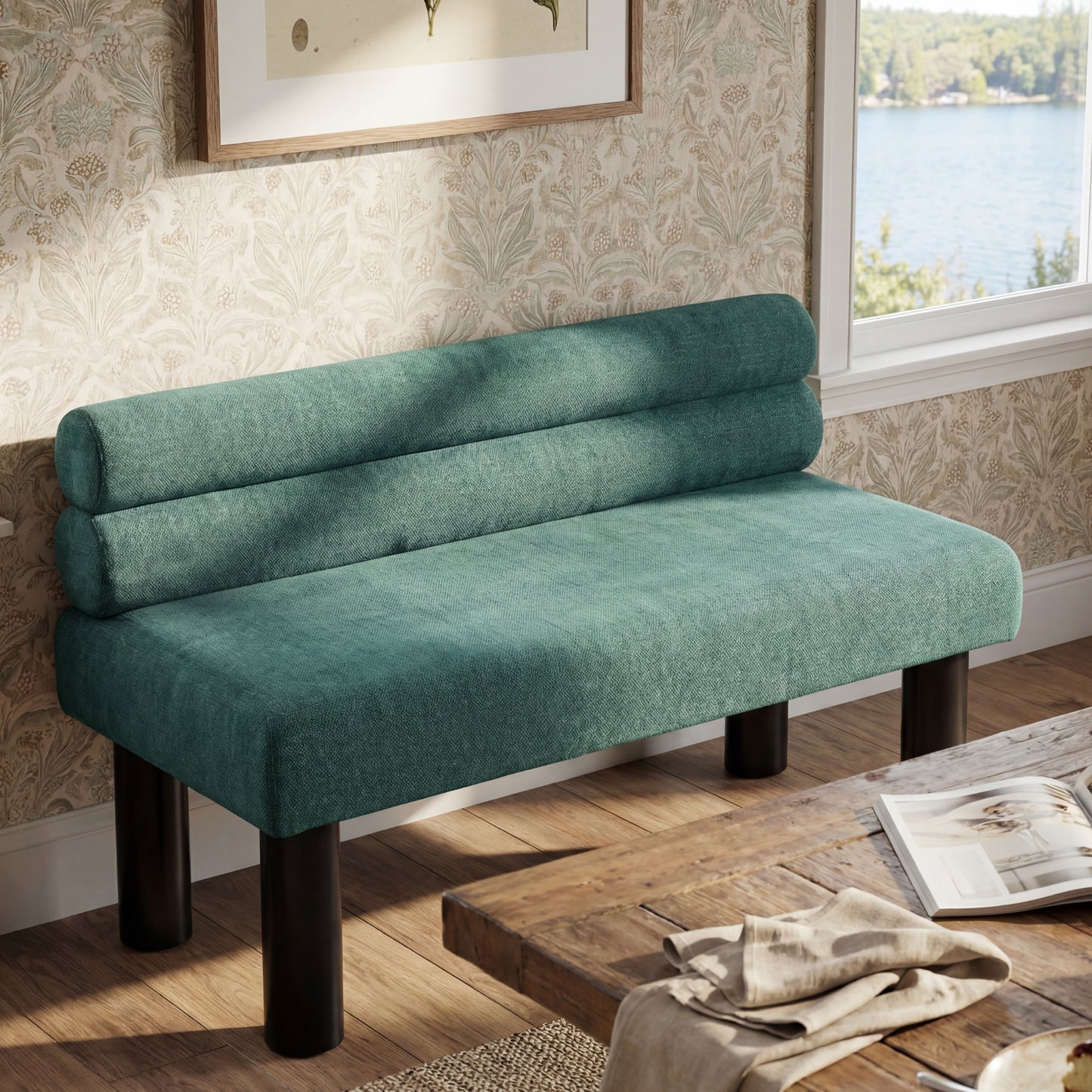 Upholstered Dining Bench with Rubber Wood Legs - Green
