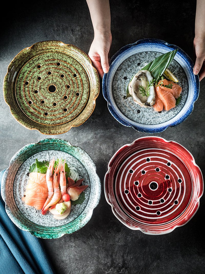 Ceramic Sashimi Plate with Dry Ice Effect - 11 Inch Seafood Dish