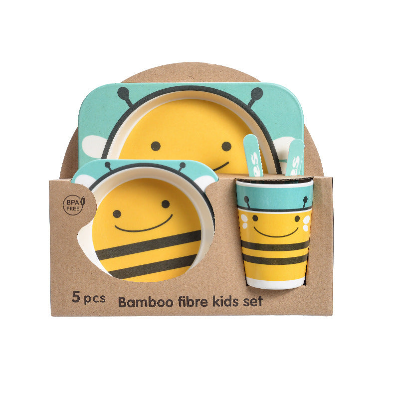 Baby Bamboo Tableware Set 5pcs - Cartoon Childrens Dinnerware for Kids
