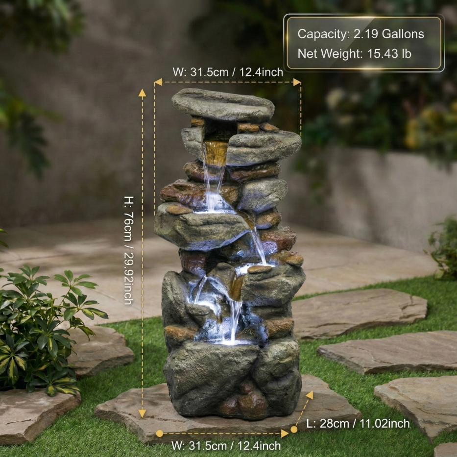 Large Outdoor Water Fountain with LED Lights - Stone-Style Garden Decor 30in
