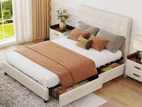 Bed Frame Upholstered Vertical Channel Headboard With 4 Storage