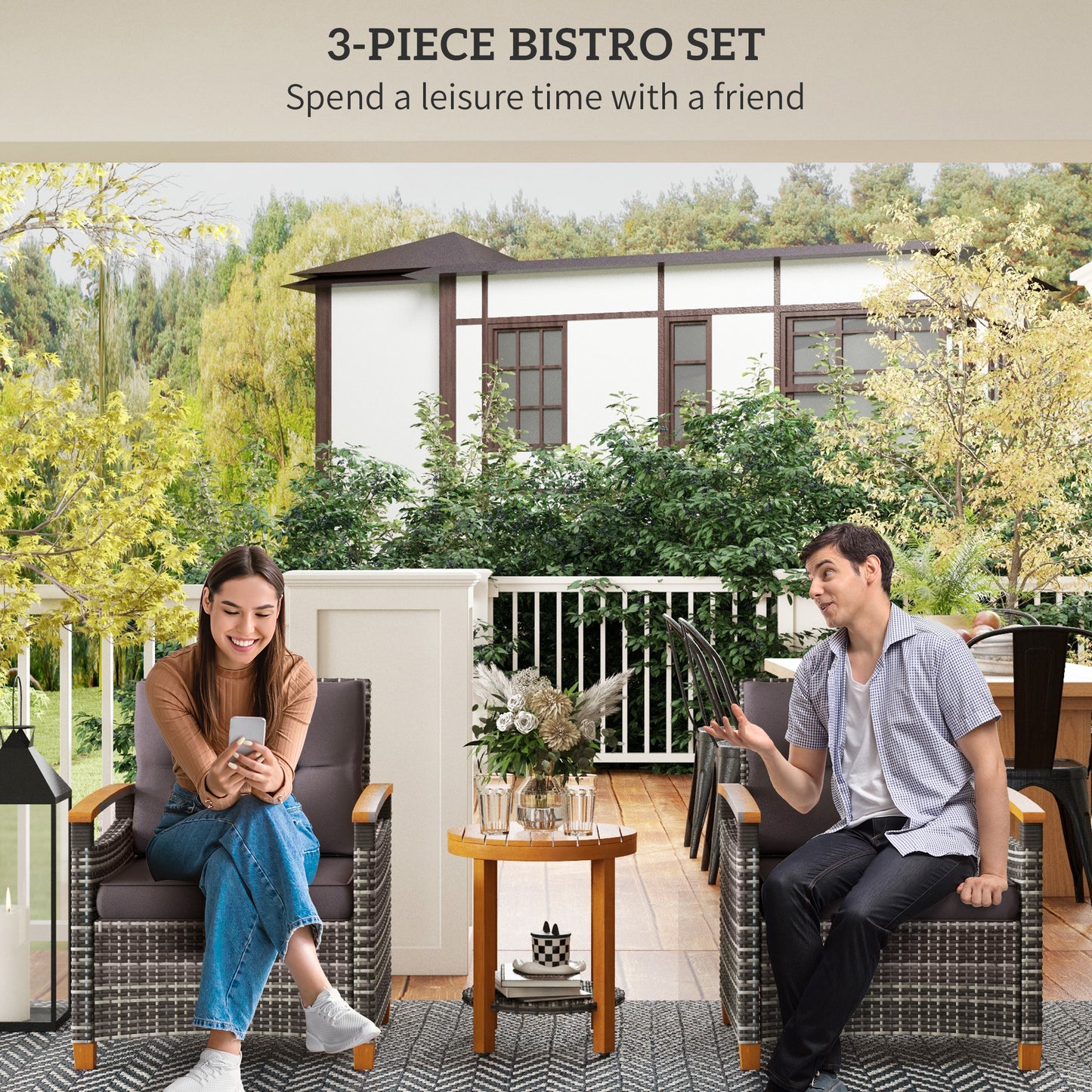 Outdoor Bistro Set with Cushions - Gray Wicker Patio Furniture