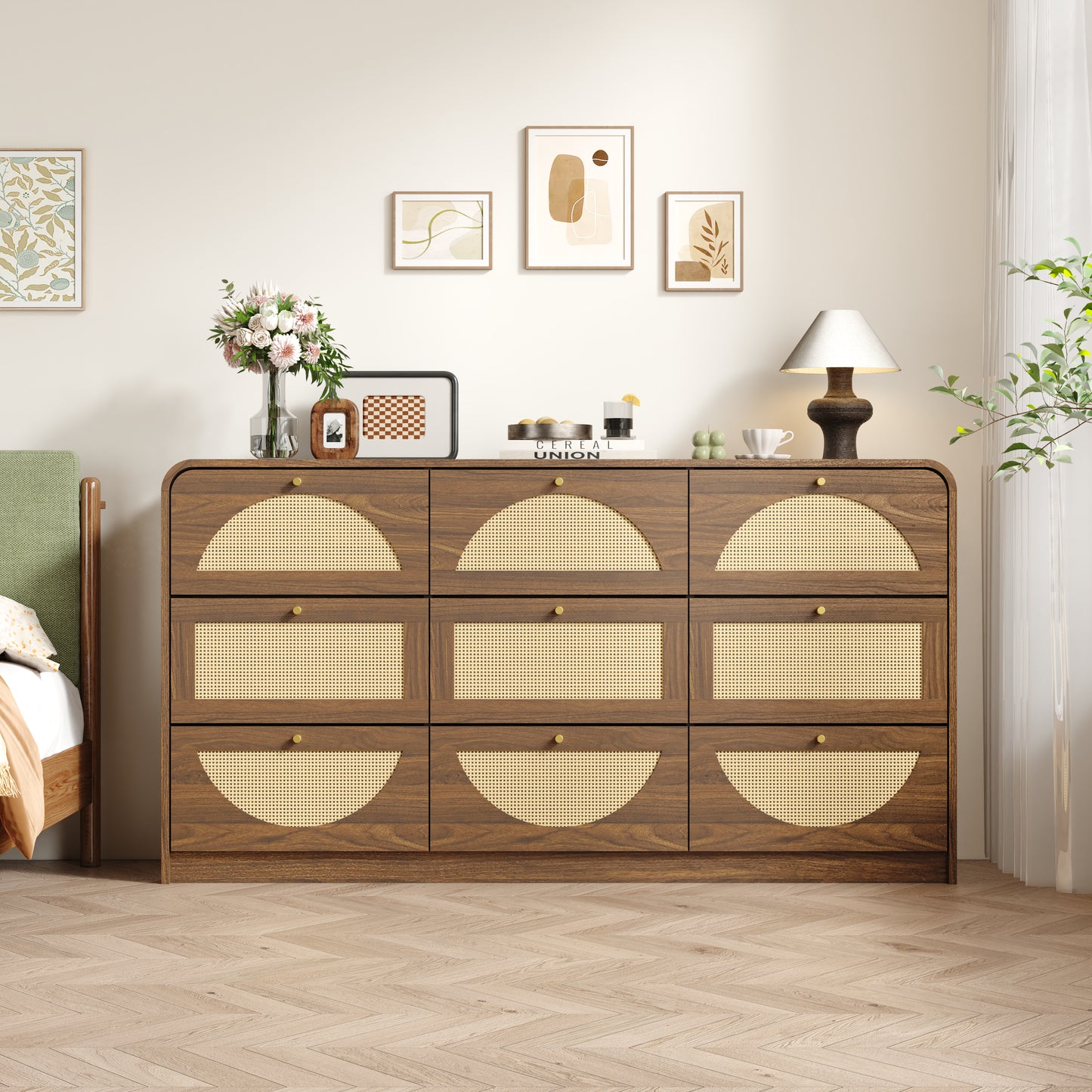 Modern 9-Drawer Dresser with Rattan Front - Walnut Finish