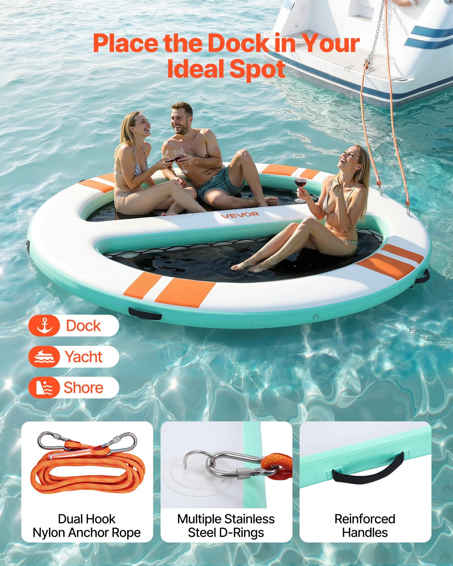 Inflatable Floating Dock Platform with Mesh Pools and Ladder - 10x8 ft Water Raft for Pool Beach Ocean