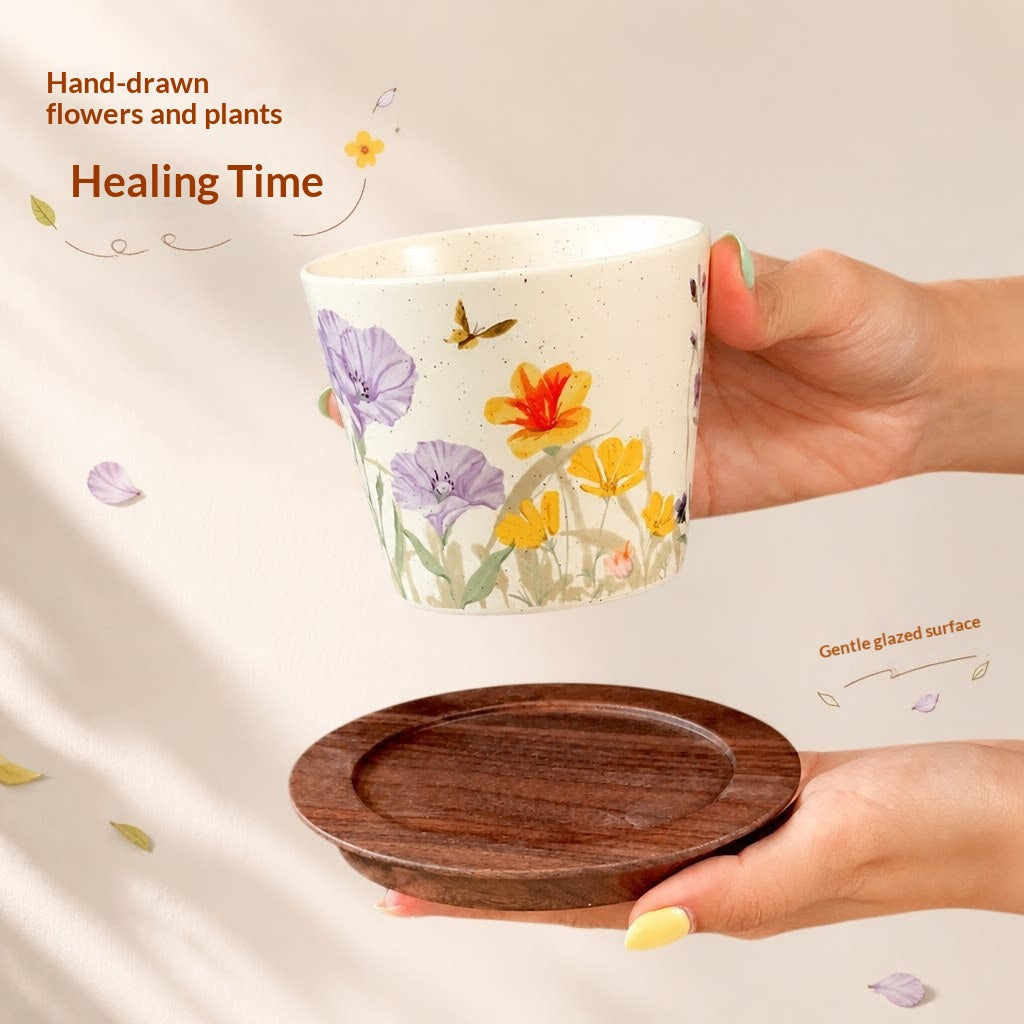 Retro Handheld Latte Art Coffee Cup 300ml Purple Bellflower Design